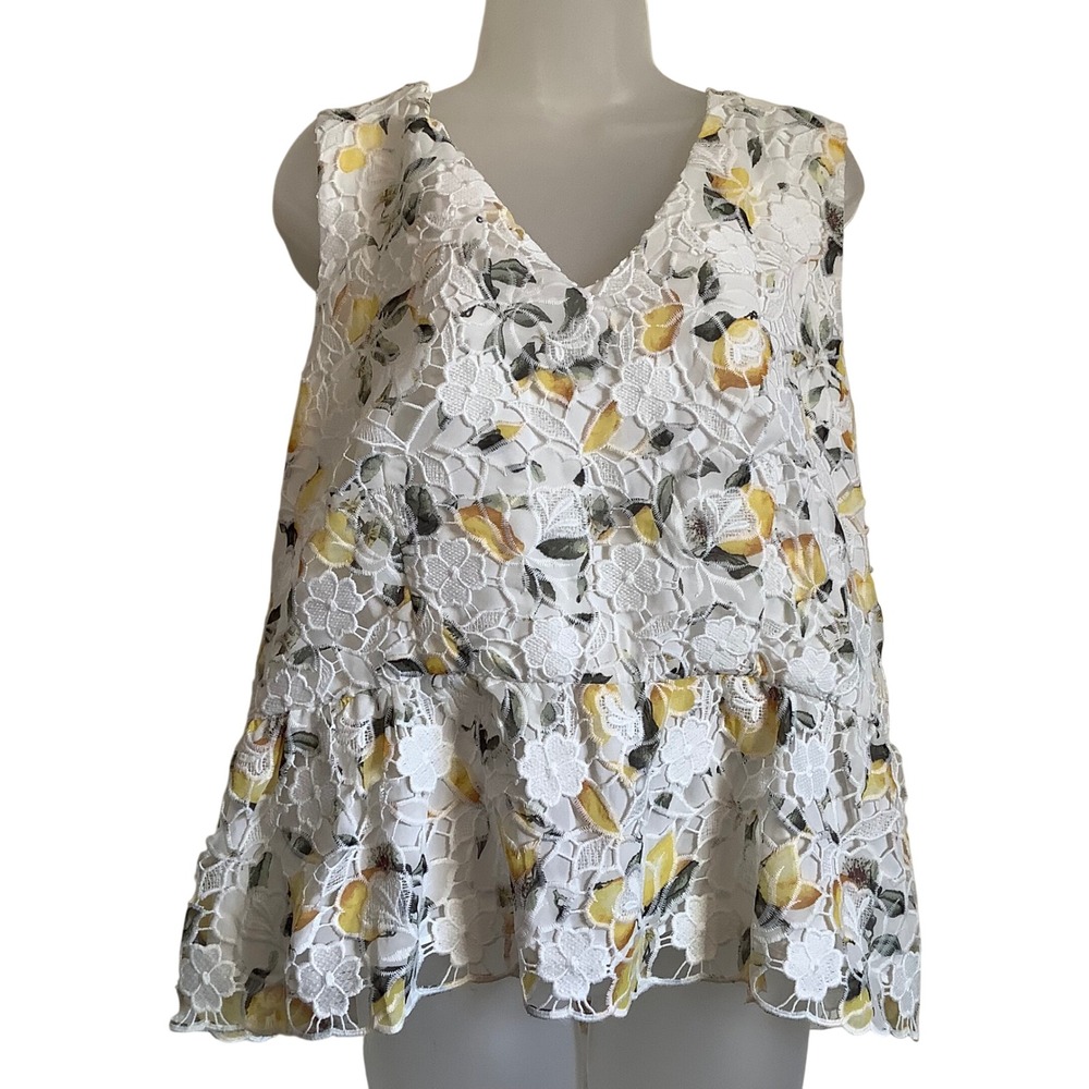 White House Black Market Lemon Print Floral Lace Peplum Top‎ White Yellow 18